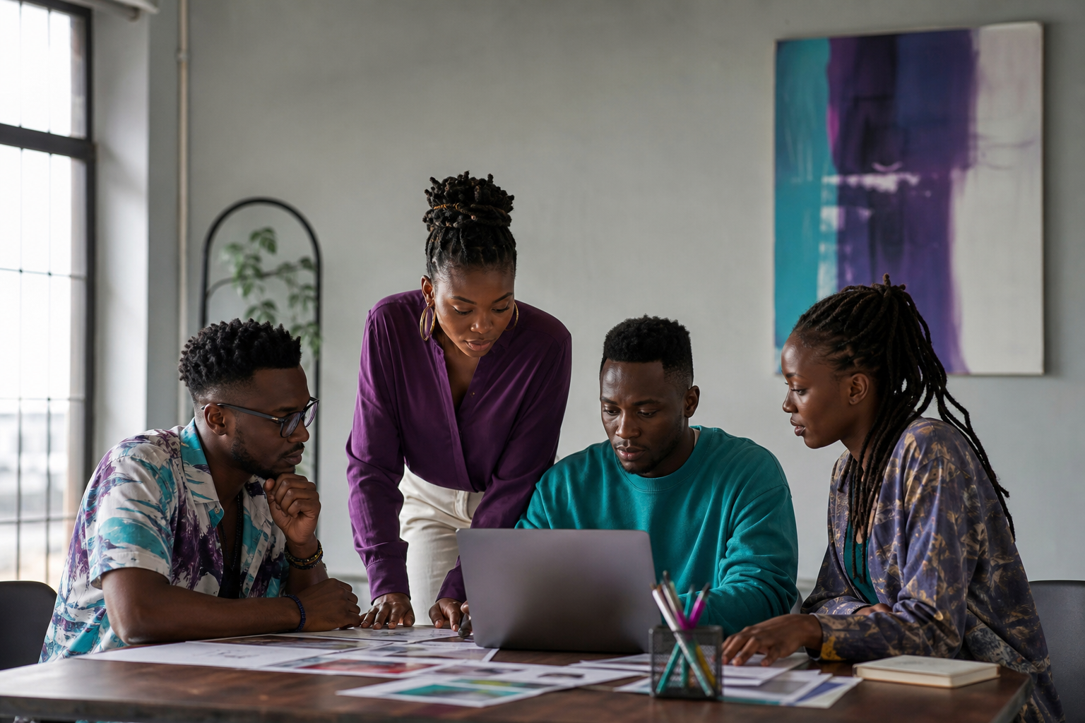 A Qurative Media creative team collaborating on brand strategy in a Nairobi studio